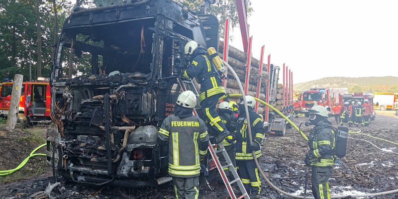 Mit Holz beladener Lastwagen steht in Vollbrand